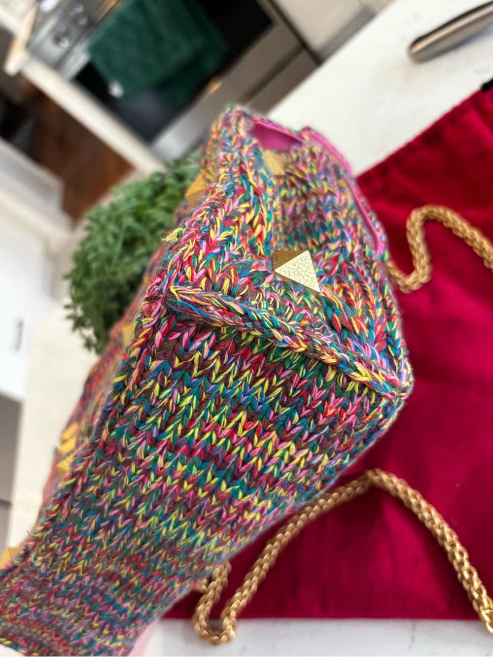 Valentino Multicolor Knit Shoulder Bag with Pink Top Handle and Gold Hardware - Picture 9 of 9